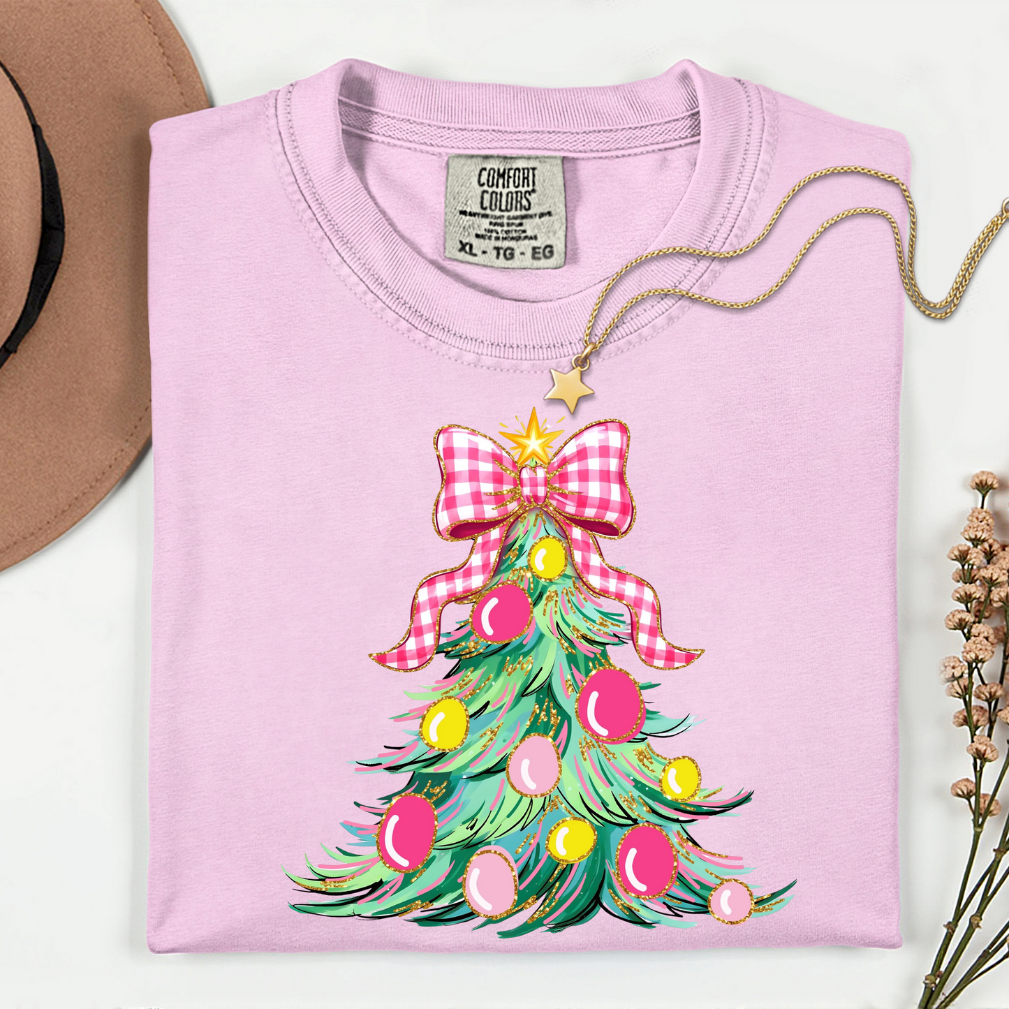 Christmas Tree w Bows pink plaid-DTF Transfer
