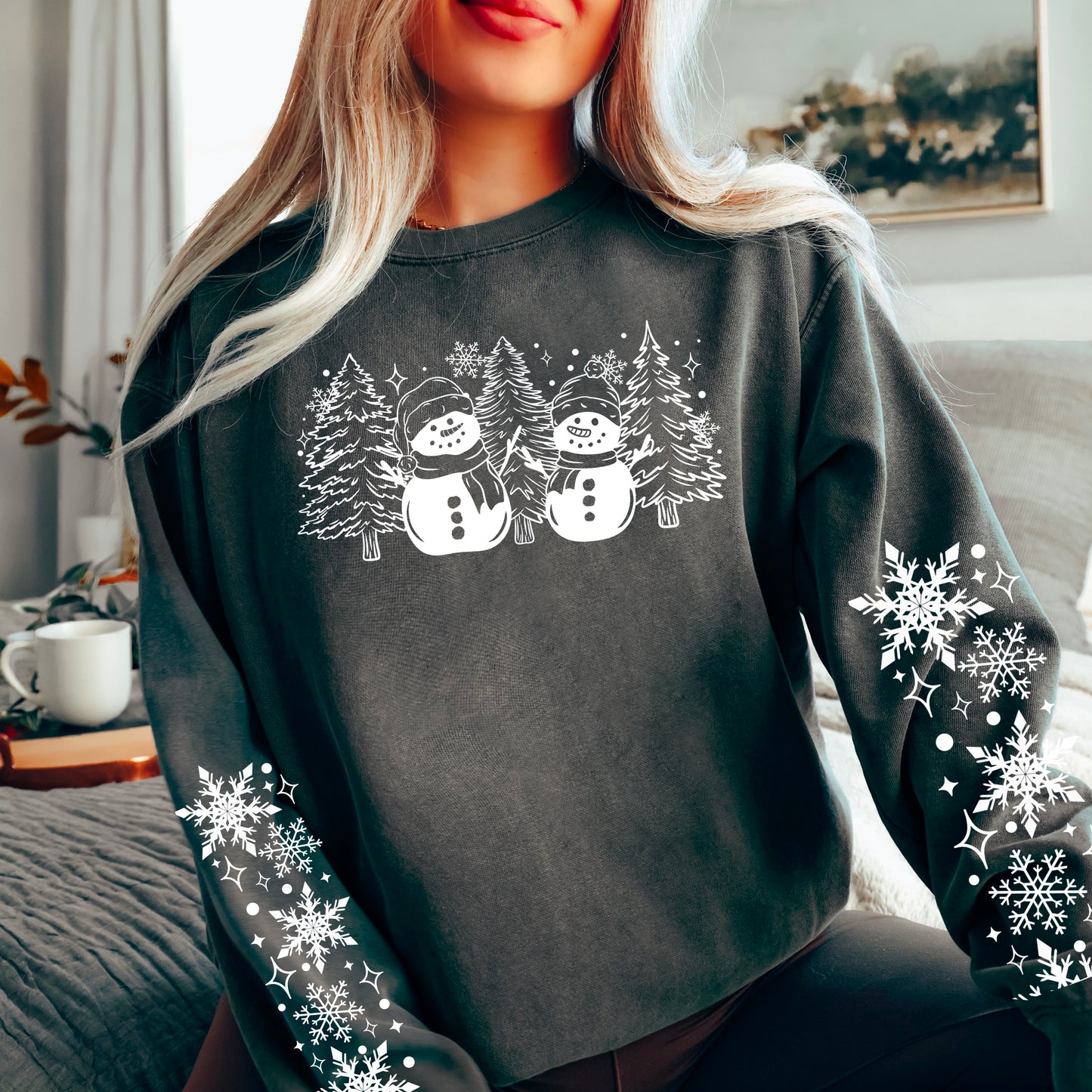 Snowman and Trees white W/ Sleeves- DTF Transfer